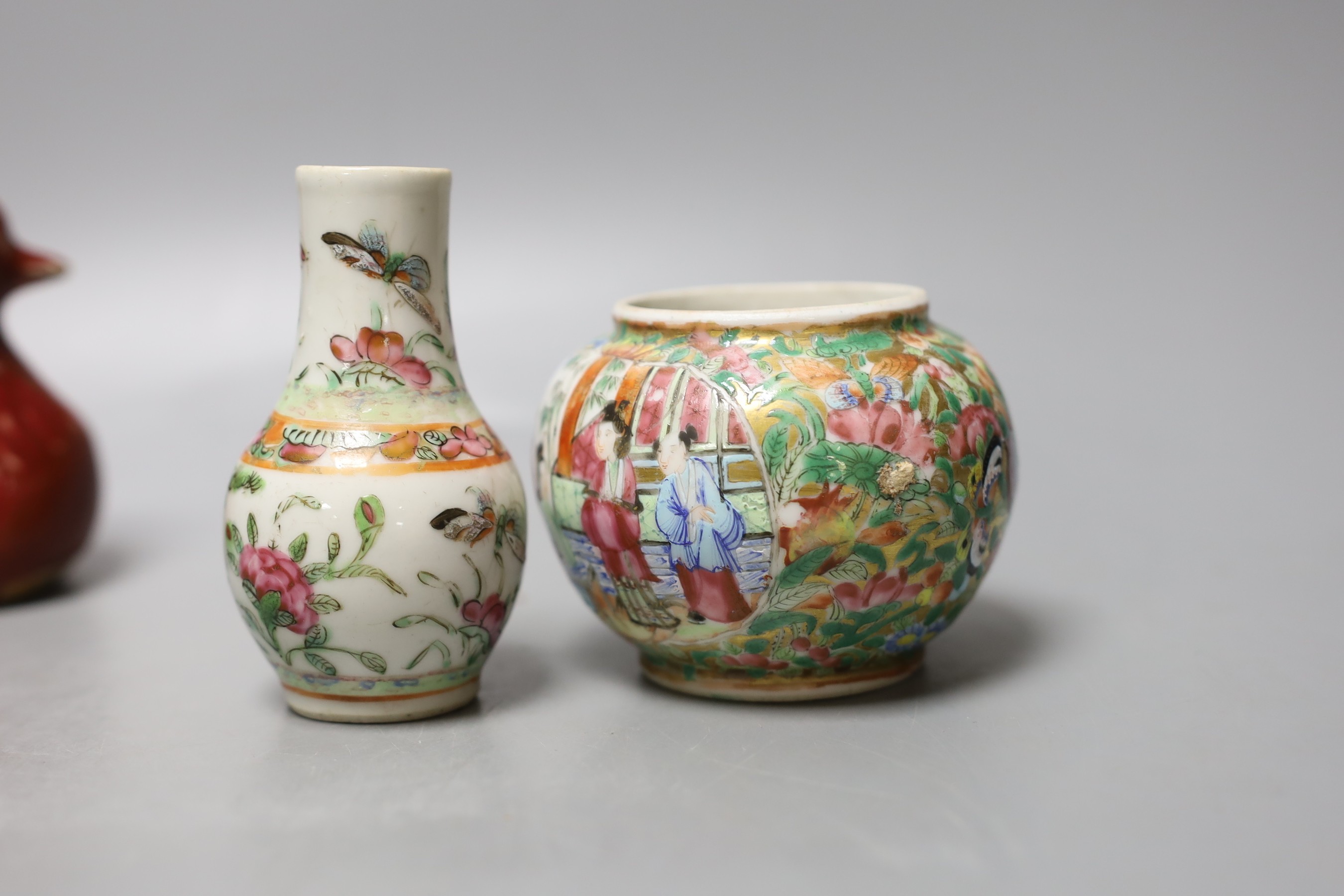 Three 19th century Chinese Canton decorated items and a sang-de-boeuf duck - tallest 10cm